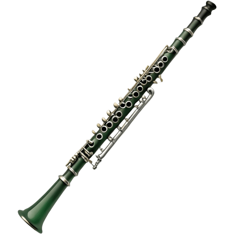 Create an elegant and refined emoji representing A clarinet. The design should showcase the sleek, black wood finish of the clarinet with its shiny metal keys and elegant detailing. Include the distinct, high-quality features, such as the unique greenish tint of the wood, giving it a modern and sophisticated look. Add subtle elements like the mouthpiece with the reed, emphasizing its importance in sound production. Use dark tones like ebony, silver for the keys, and soft light reflections to evoke a professional, classical feel. The background should be transparent. emoji