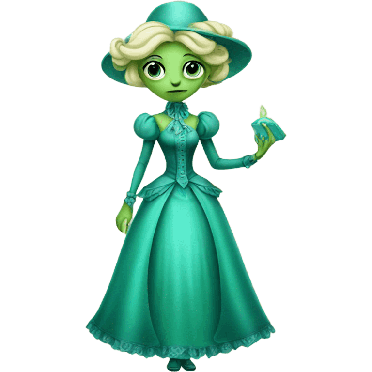 "green blonde alien woman" in cyan Victorian dress elegant, full body emoji