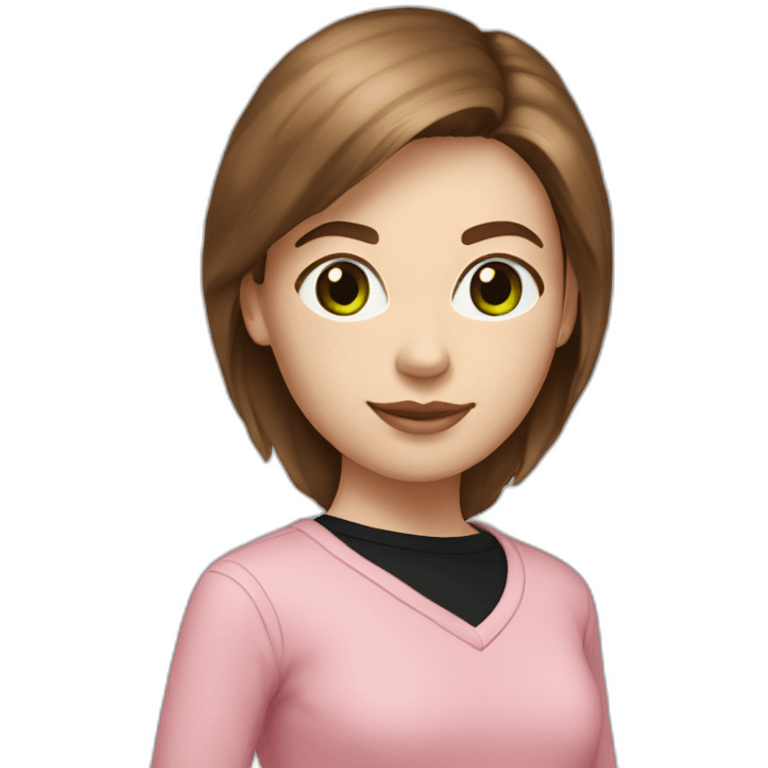 Woman Brown hair white skin color pink sweater black pants pink shoes green eye color emoji