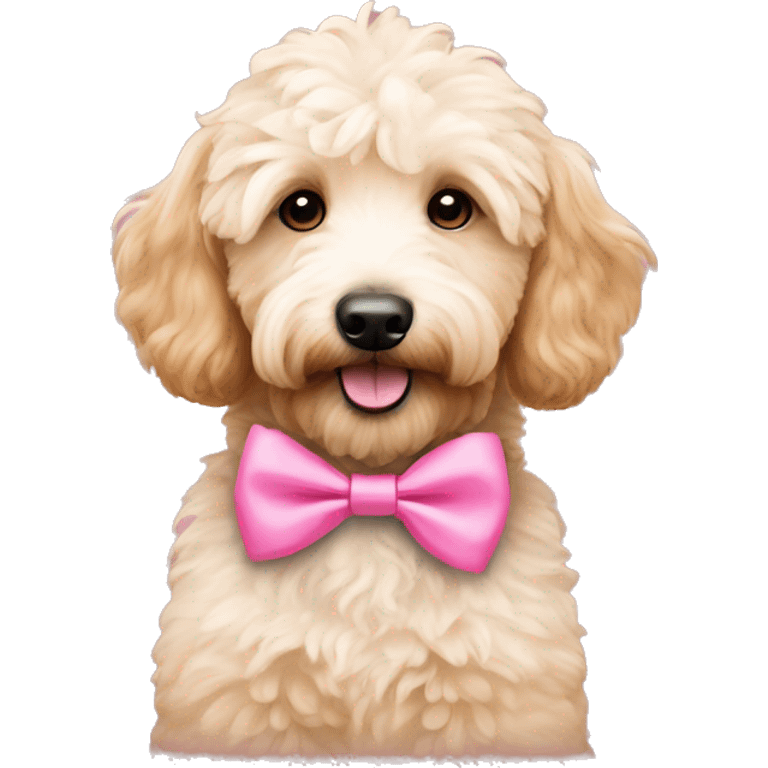 mini goldendoodle wearing pink bow emoji