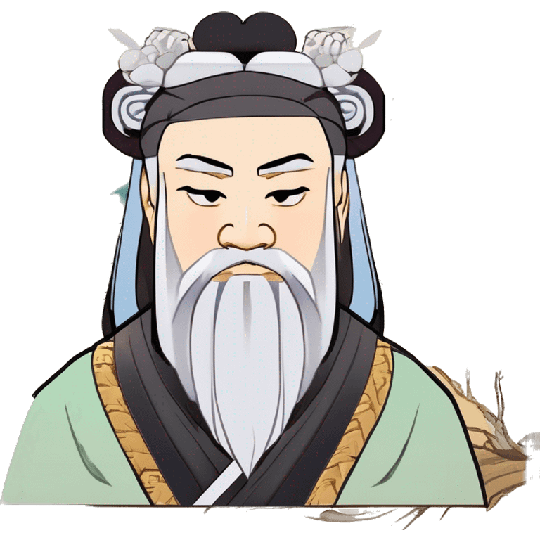 、"Laozi: Ancient Chinese philosopher, Hanfu, topknot, beard, black beard, willow-leaf eyebrows, phoenix eyes, long face, wide face." emoji