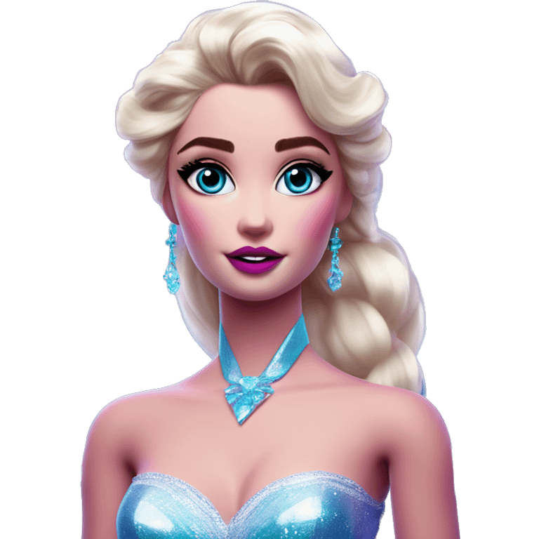 Synthwave Elsa in Barbie style, oil paint, epic eyes, intricate lips, exquisite pose, beautiful, desirable, logical emoji