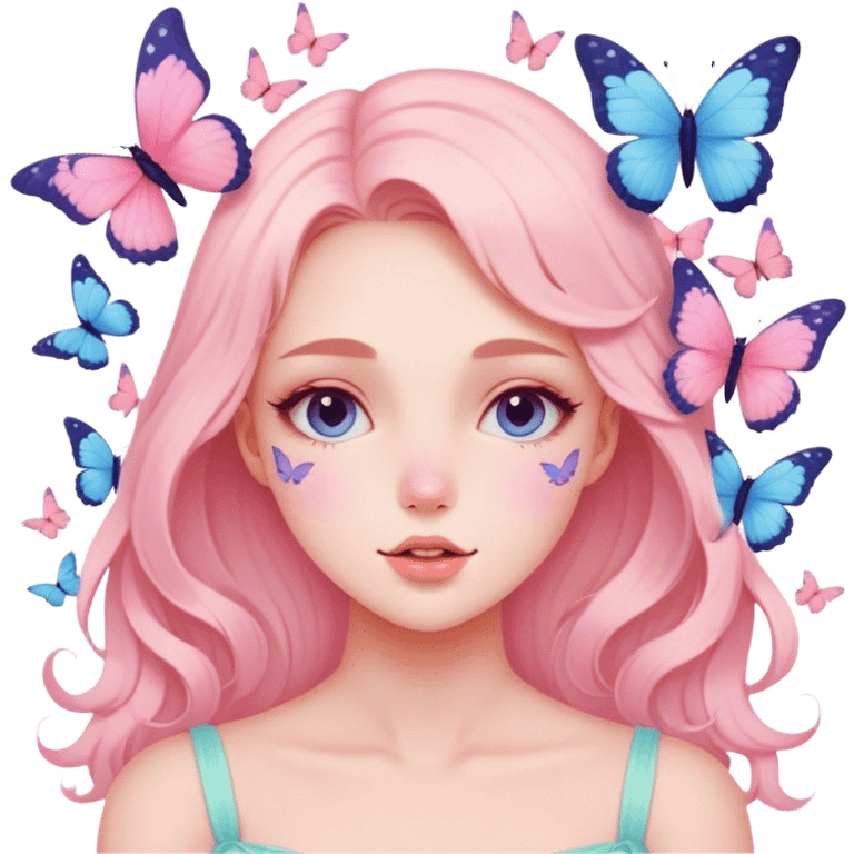 Gorgeous pastel lady with blushing face and butterflies aesthetic trending style emoji