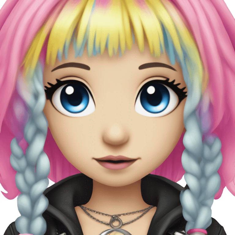 Blue eyed long eye lashes pout blonde and pink hair pale hime gyaru girl, hot pink and yellow split-dyed hair, nose ring, elf ears, dark makeup, punk clothes emoji