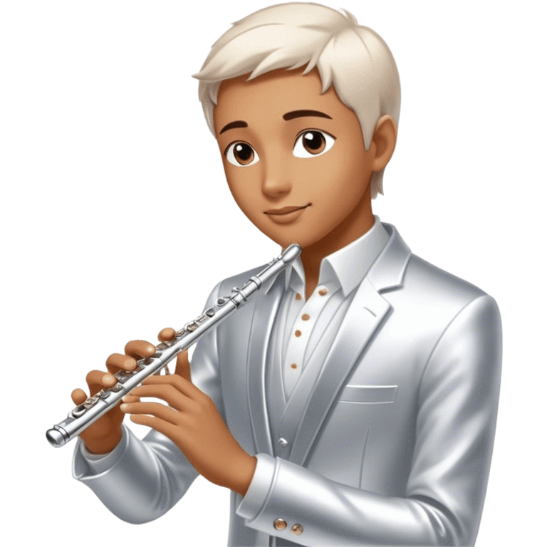 Cinematic Realistic Flute, polished silver metal with precise keywork, soft reflections of warm light dancing along its length, a musician’s delicate fingers pressing the keys, glowing with a sleek and elegant charm. emoji