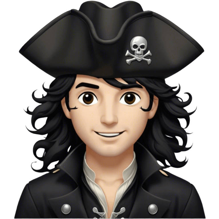 A charismatic pirate with wavy black hair tousled by the breeze. His silver-embroidered tricorn hat casts a shadow. Dark eyes glint with mischief as he looks to the side, a knowing smile on his lips. His black coat, adorned with silver buttons, shifts with the wind emoji