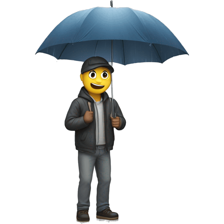 Guy standing against wall holding umbrella  in pouring rain  emoji