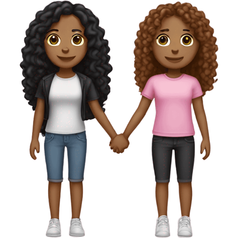 two best friends holding hands , both with tan skin. One long black straight her the other long curly hair. clothing pink for both  emoji