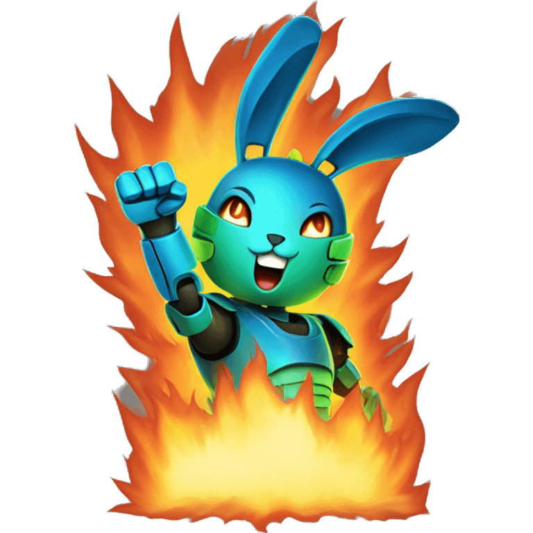 a blue and green robot rabbit has a fist in the air, in front of a large fire / flame explosion in the dark
 emoji