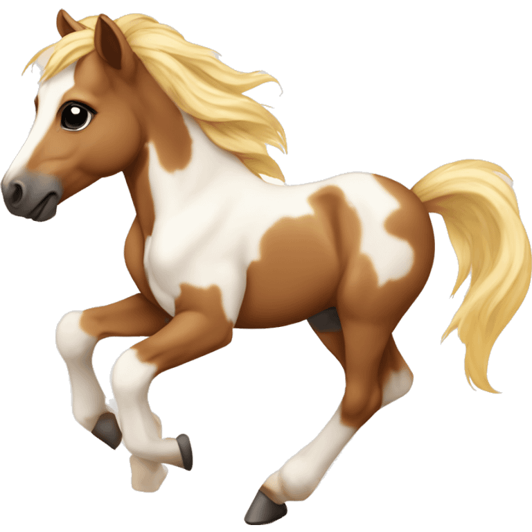 Piebald tricolor palomino yellow brown horse foal with dark brown splotches baby running emoji