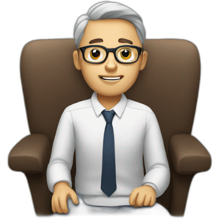 Man with glasses sitting explaining  emoji