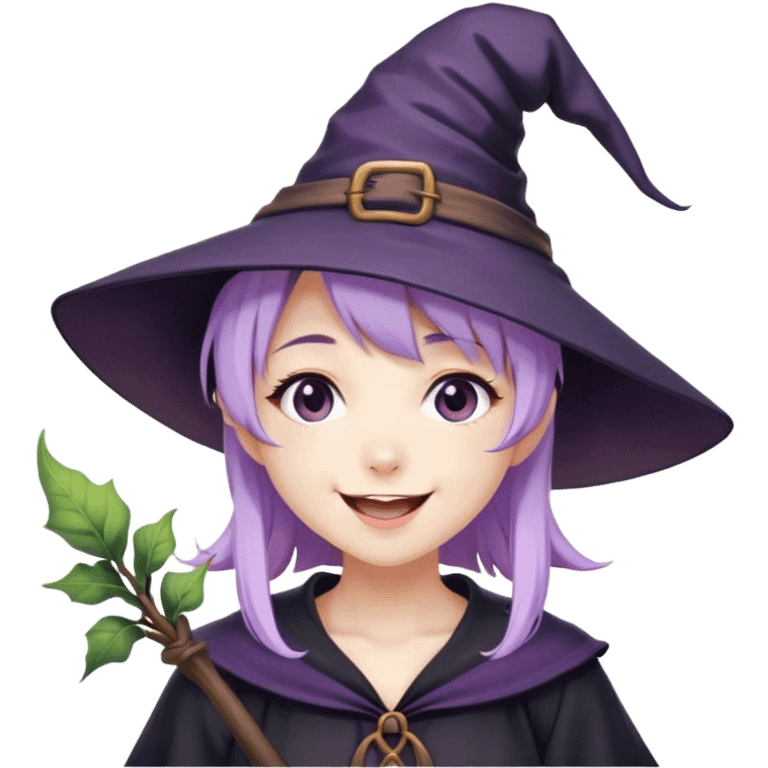 cute anime girl with lilac hair in a witch hat laughing emoji