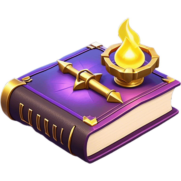 Clash of Clans aesthetic: Cinematic Playful 3D Isometric Spell Book Emoji, rendered in a 3D vector-style similar to standard emojis with minimal shading and bold, simplified shapes. A compact, distinct form with signature details, softly glowing with a fantasy RPG magic charm. Simplified yet unmistakably iconic, highly detailed and consistent, glowing with a soft radiance and high shine. Stylized with a touch of heroic grandeur and a soft glowing outline, capturing the essence of a beloved gaming relic with a friendly, playful manner! emoji