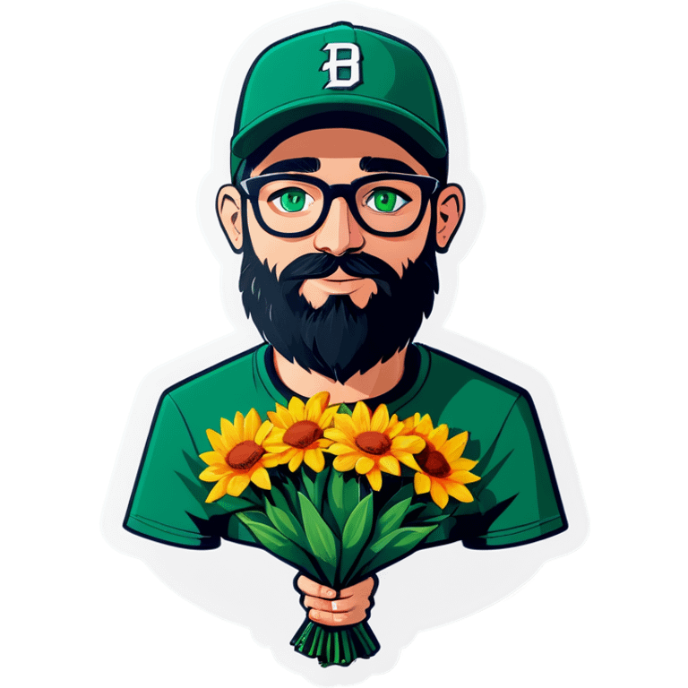 A bold man with a grey baseball cap, green eyes, big beard and glasses, holding a bouquet  emoji