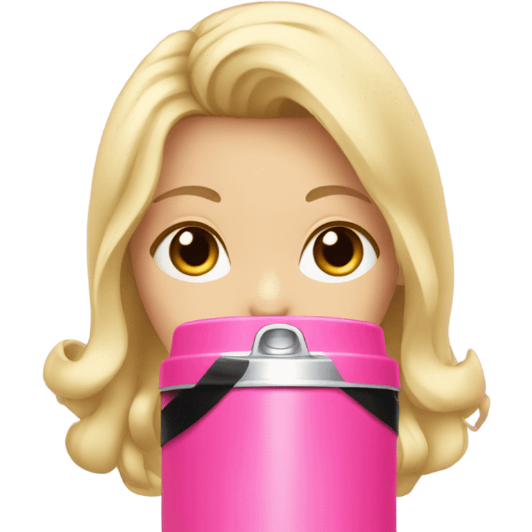 Blonde girl with black ribbon drinking from Pink thermos emoji