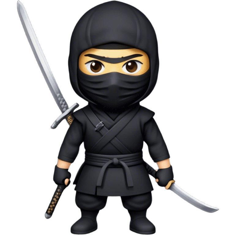  A emoji cartoon-style digital illustration of a ninja dressed in a half black outfit with a face mask, leaving only the eyes visible. The ninja has a serious and focused expression. A katana sword is strapped to their back, with the handle visible over one shoulder. The background is plain white emoji