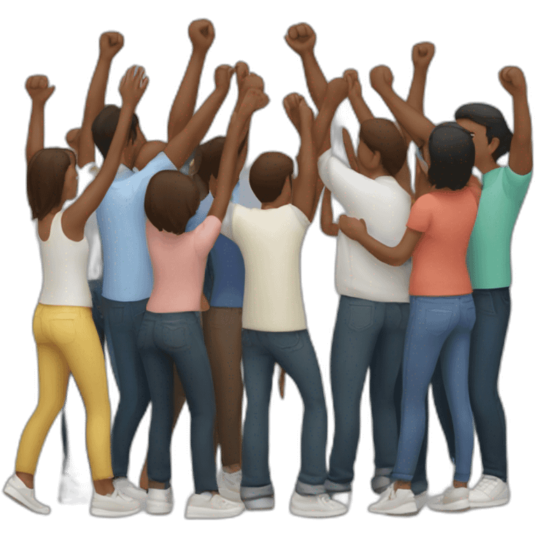 group of people celebrating with their backs to each other with their hands raised emoji