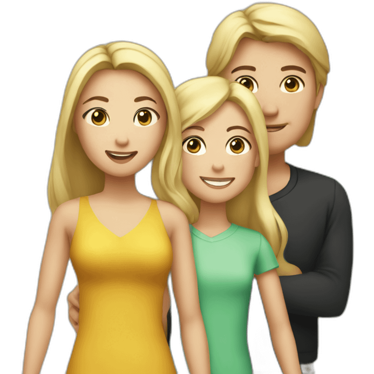 A family with a man having black hair and Asian black eyes, and a woman with blonde hair and green eyes, and a daughter with brown hair. emoji