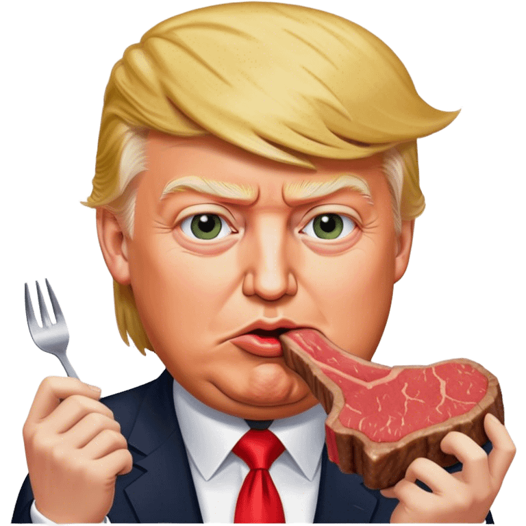 photorealistic Donald Trump eating a steak shaped like an piece of land emoji