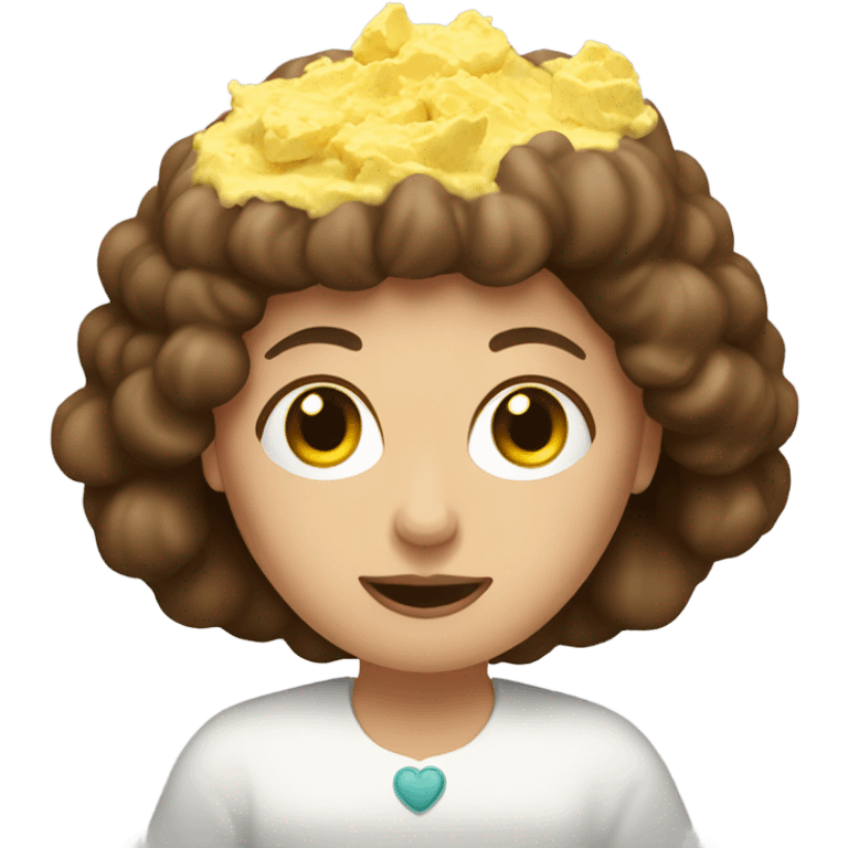 Lady with brown hair eating scrambled eggs with a halo emoji