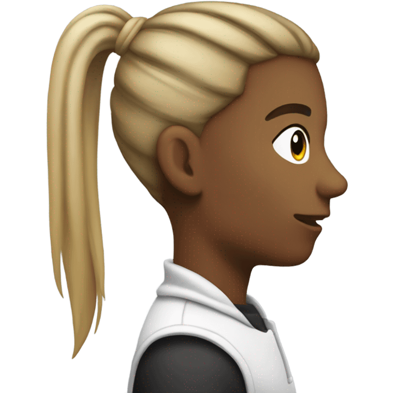 A photo of a white emoji side view with a pony tail that’s half white and half black on the top with a black cheek   emoji