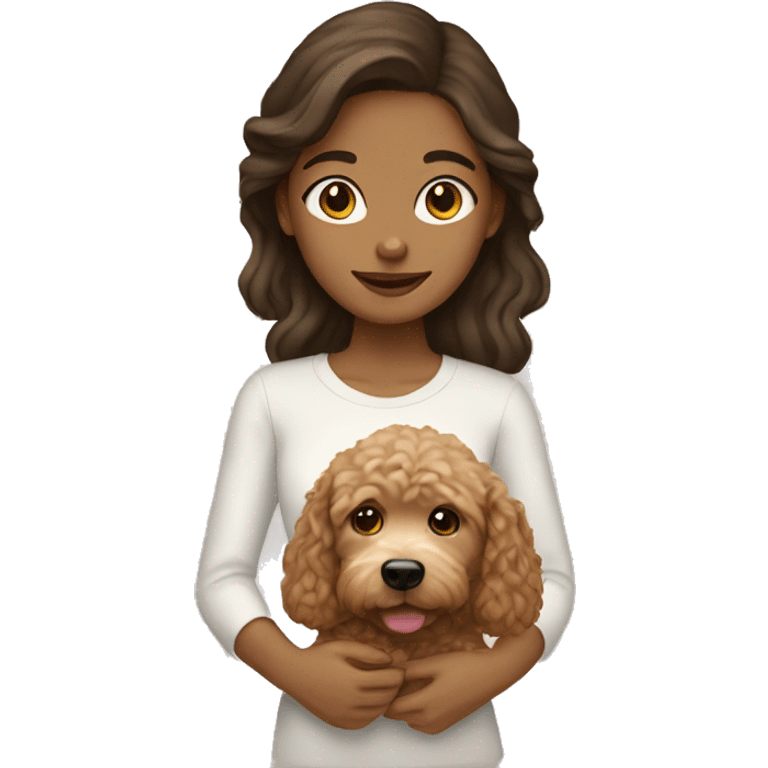 brunette girl holding beige golden doodle  emoji