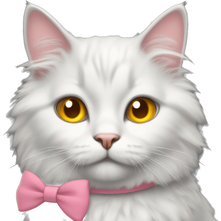 gray and white fluffy cat yellow and orange eyes with pink bow collar emoji