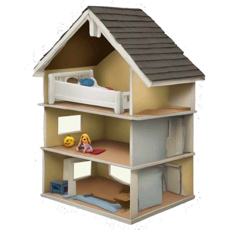 A broken-down dollhouse with a doll sitting inside, lifeless and blank-eyed emoji