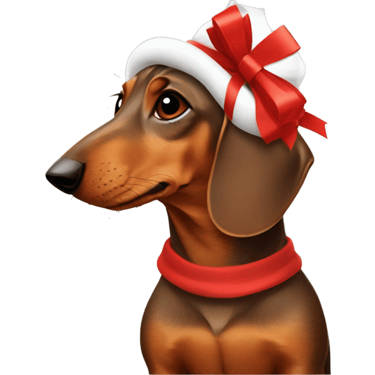 Brown Dachshund wrapped in holiday paper with red bow on head emoji