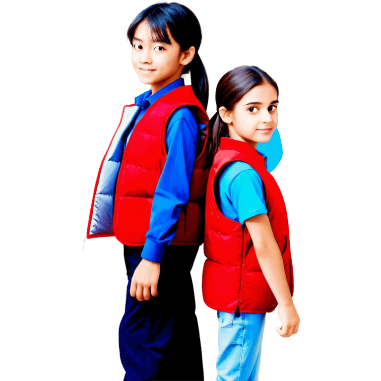 Teenage girl and boy in red vests facing back emoji