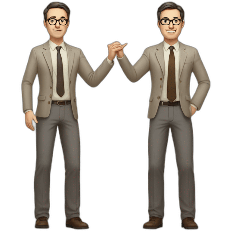 Full height Actively gesturing with hands Pale skinned fit man with dark brown hair in gray jacket, beige office shirt, brown tie, brown pants and vintage glasses. emoji