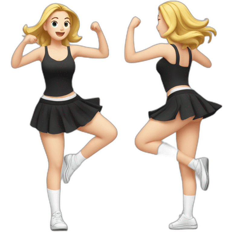 full-body-caucasian-curvy-beauty-jumping-short-black-skirt-back-and-front-views-strong-wind-knickers-long-white-socks emoji