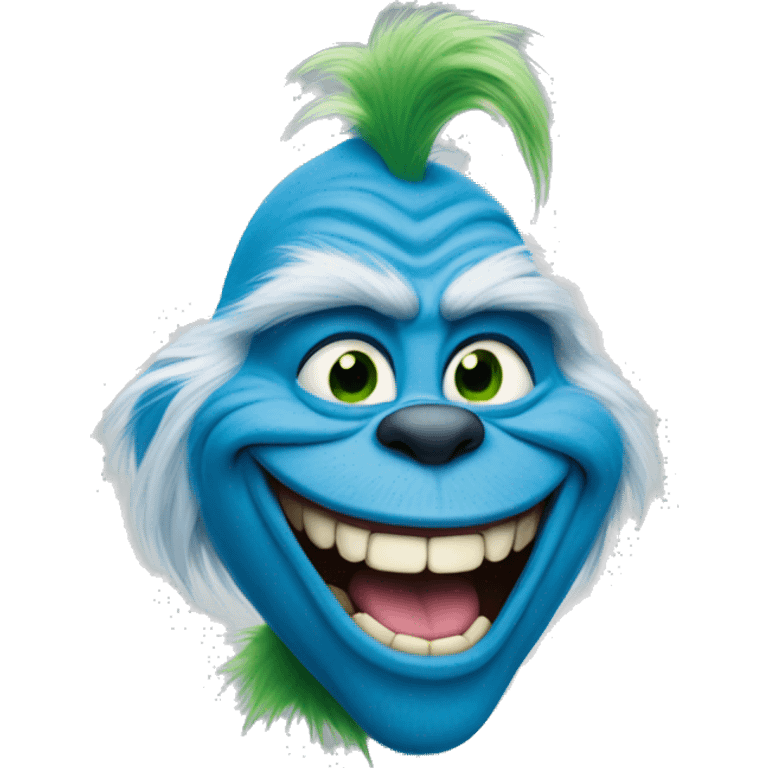 A blue coloured grinch that is grinning emoji