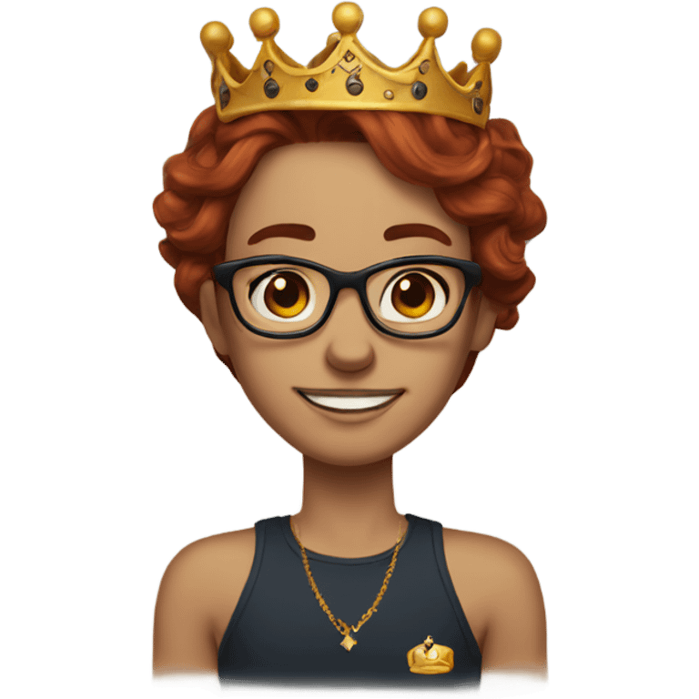  long auburn hair, wearing glasses and a crown, and tattoos emoji