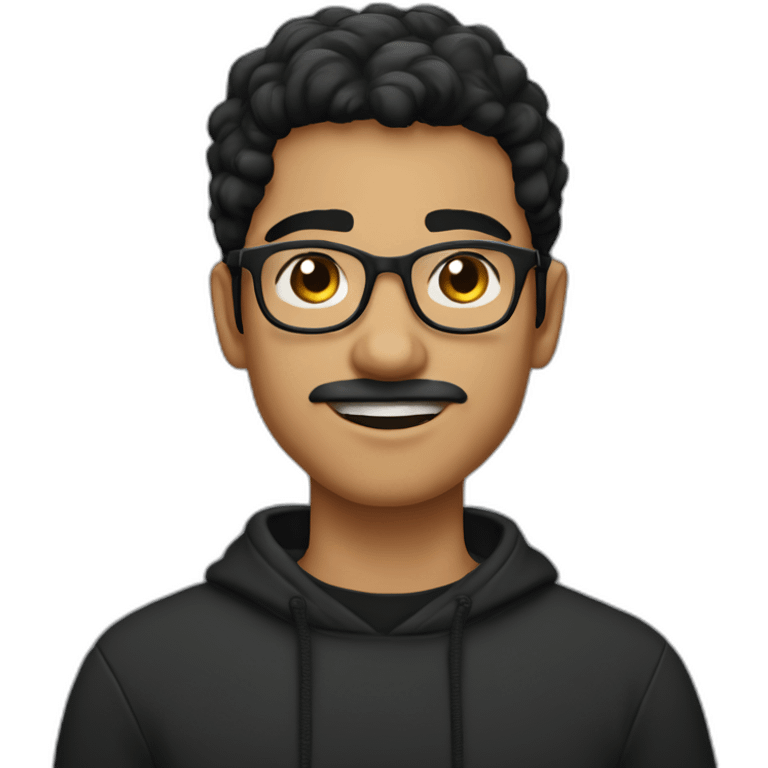 a light skin Pakistani teenager, wearing round glasses, short moustache, black hair, black jumper/sweater, structured manly face emoji