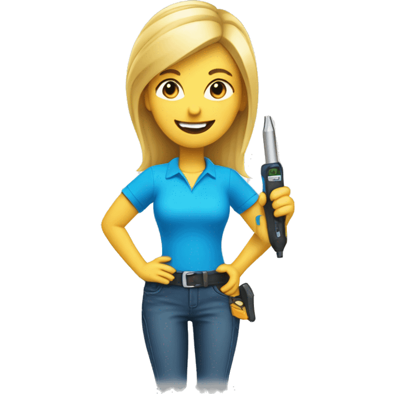 happy Female holding a screwdriver in hand with blonde hair standing sideways wearing a bright blue shirt emoji