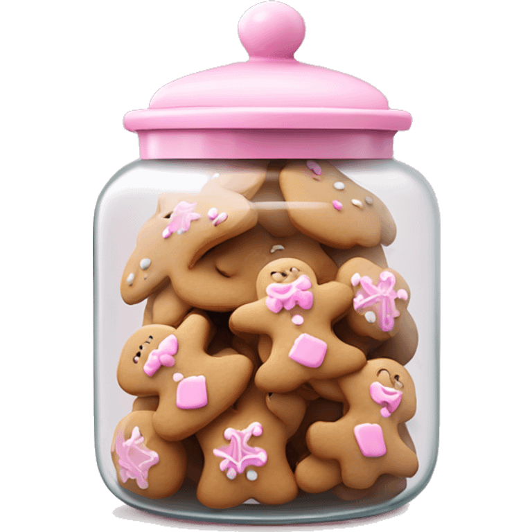 Realistic glass cookie jar with light pink lid full of gingerbread cookies isolated.  emoji