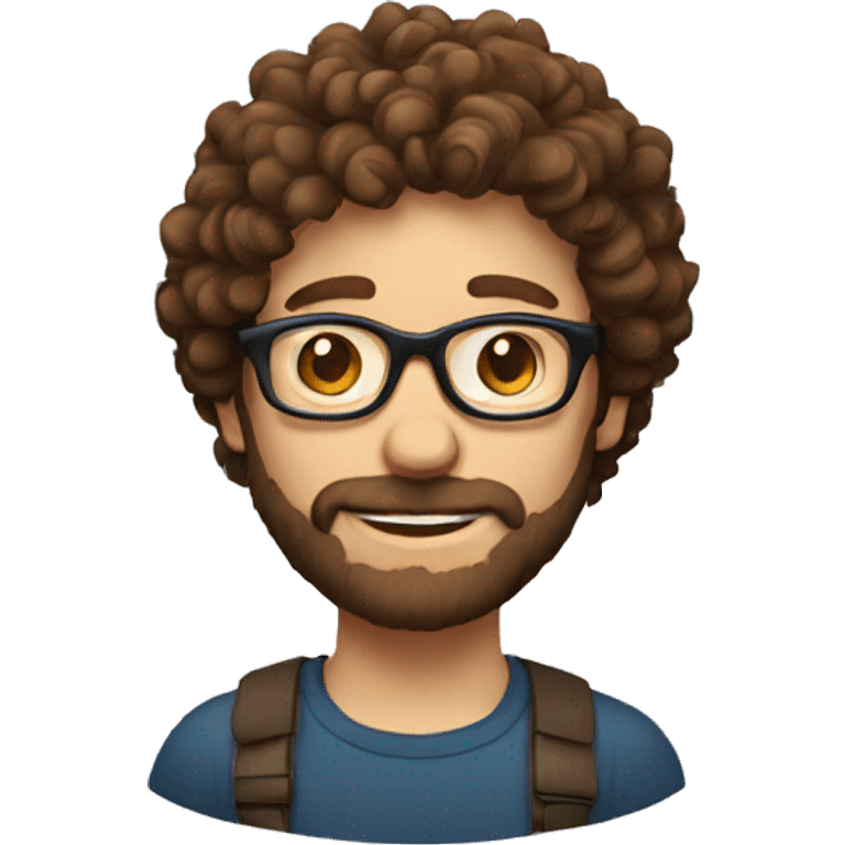 A man with brown curly hair, round glasses, an unregular beard, emoji