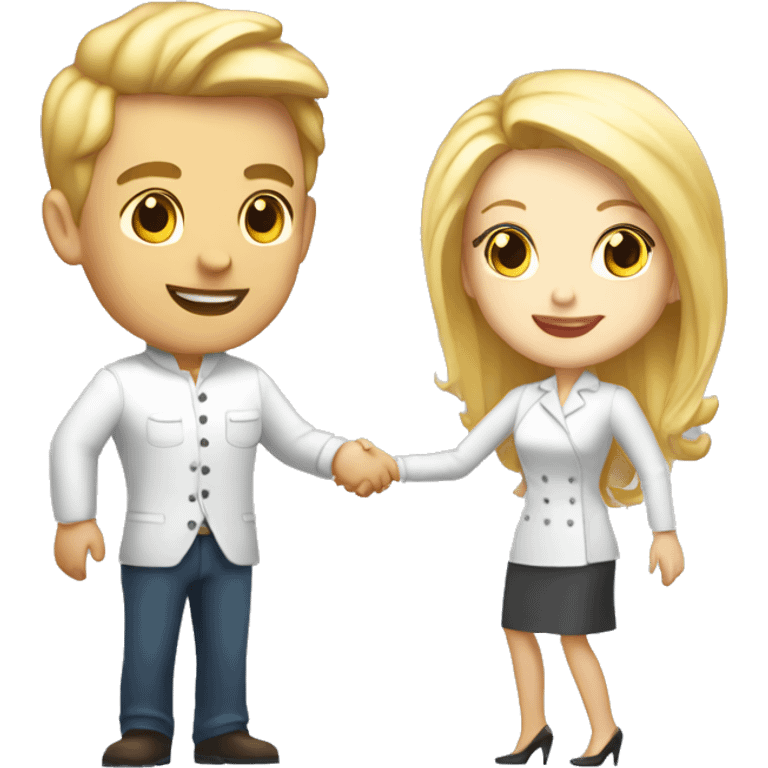 restaurant owner with white skin and blogger with white skin and blonde hair shaking hands in full height emoji