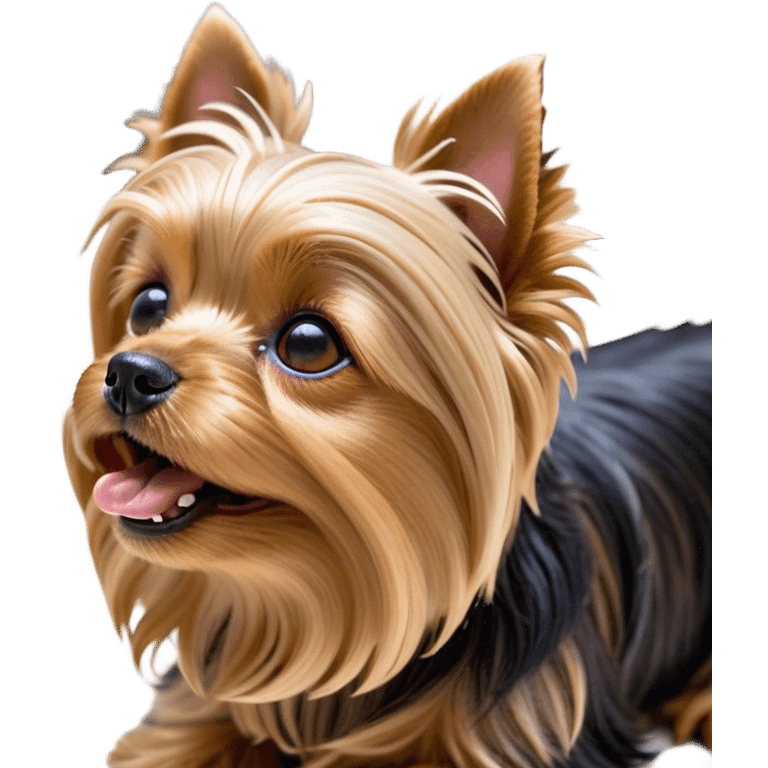 Cinematic Cute Yawning Yorkshire Terrier Portrait Emoji, Head tilted with a playful, drowsy expression and droopy, adorable eyes, featuring a soft, well-groomed fur in rich hues, simplified yet irresistibly endearing, highly detailed, glowing with a warm, cozy radiance, high shine, exuding a relaxed yet spunky charm, styled with a gentle, soft glowing outline, capturing the essence of a Yorkshire Terrier mid-yawn that seems as if it could cuddle right off the screen! emoji