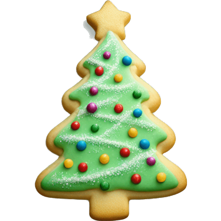 1 Layered sugar cookie shaped like a Christmas tree, dusted with powdered sugar and decorated with tiny ornaments emoji