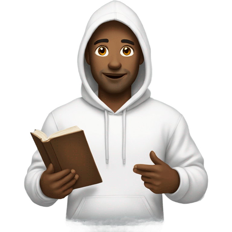 Man wearing white hoodie with book  emoji