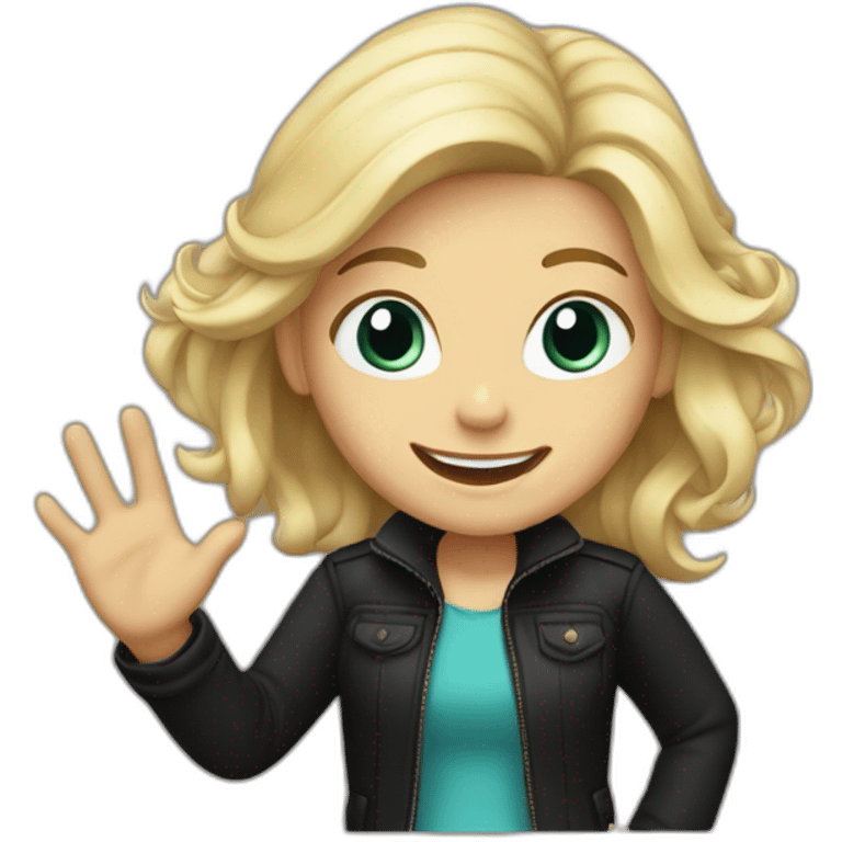 blonde girl in a black jacket waves her hand and smiles emoji