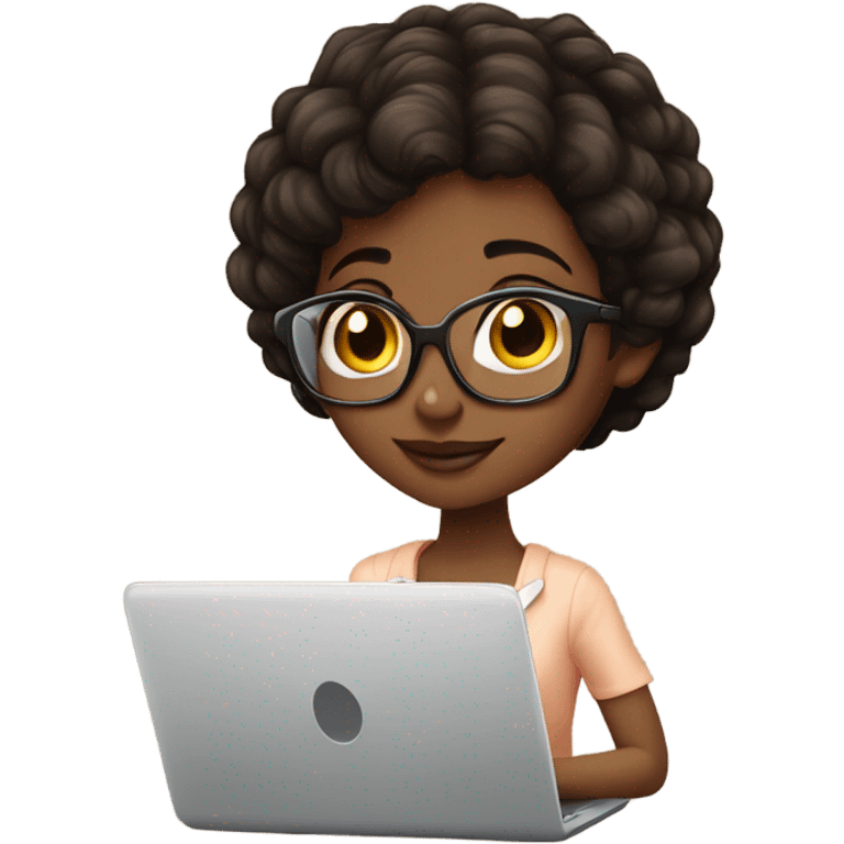 pretty pixie graphic designer Short straight hair african american brunette ith laptop emoji