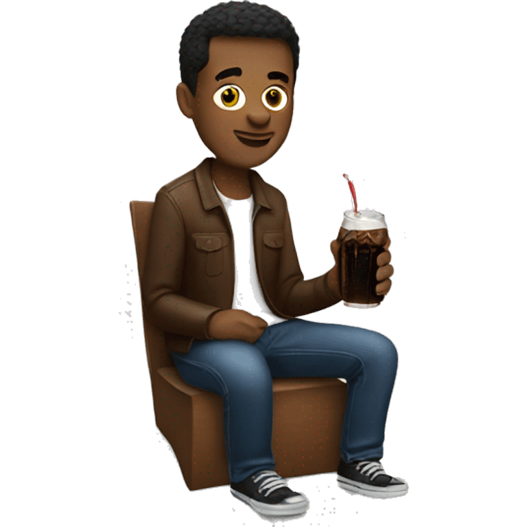 man sitting down with a root beer and on his iPhone  emoji