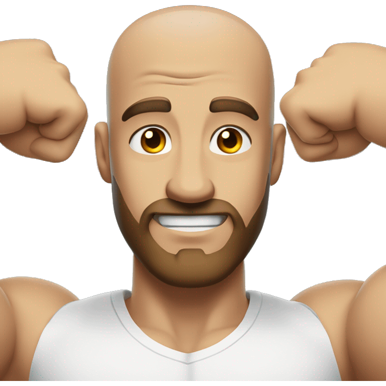 Close up man flexing muscles in a white shirt, bald, brown beard emoji