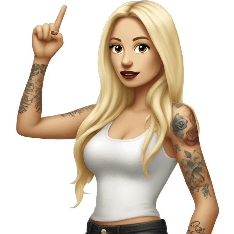 Blonde elegant women with LONG HAIR, her Body Covered with Tattoos, POINTING YOU FORWARD with her HAND with INDEX FINGER, Hyper realistic emoji