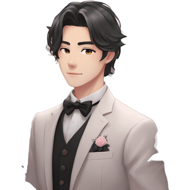 Gorgeous romantic anime style Asian formal modern gentlemanly guy with cat ears and flowers and blushing face aesthetic trending style outside emoji