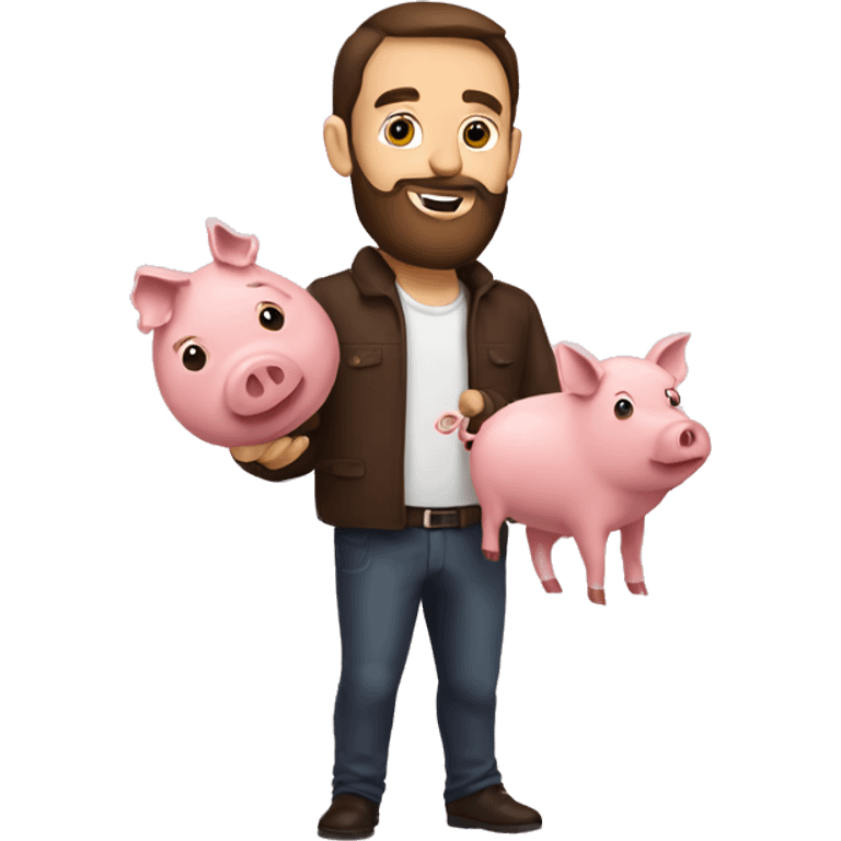 Brunette man with beard holding a pig and has a lot of bacon around  emoji