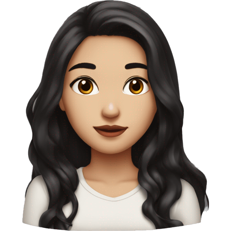 beautiful girl with long black hair with red tips on her hair, brown eyes, long face, big-ish nose, thick eyebrows, perfect lips emoji